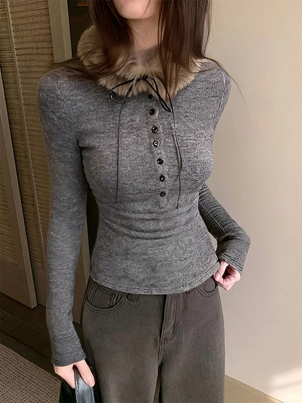 

plus Size Women's ey Fur Collar Long Sve Base irt Slim Fit Winter Casual Sle Inner Wear T-irt for plus Size Ladies