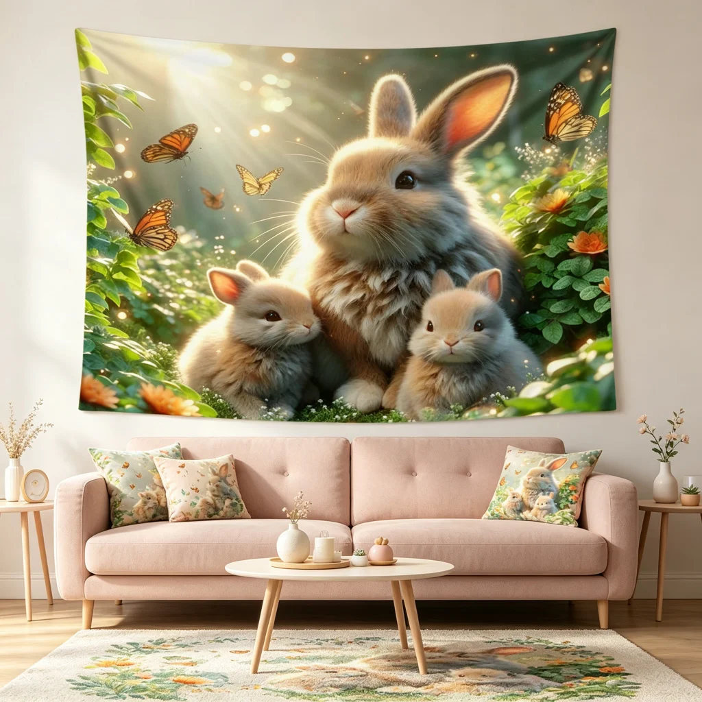 1PC Bunny Family Fantasy Art Print Backdrop Banner, Bedroom Living Room Photo Background, Polyester, Home Decor, Wall Art