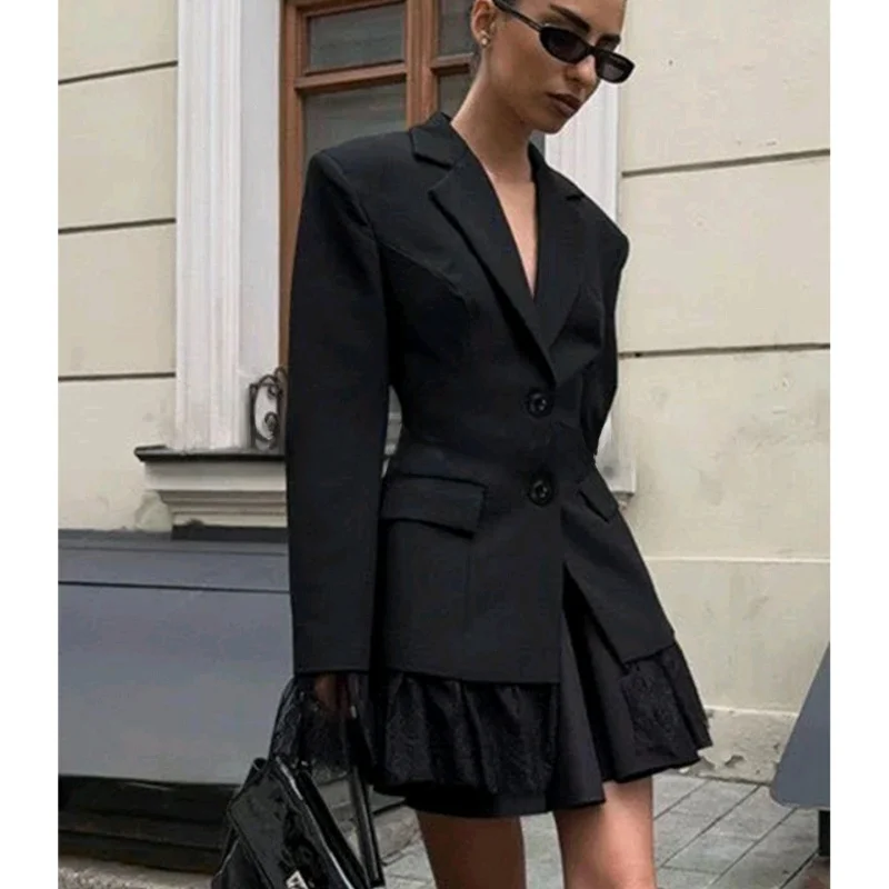 Costume d'affaires pour femmes Jaet hiver nouveau Sle Long Sve coupe ajustée dentelle épissage taille cintrée trajet Sle bouton unique