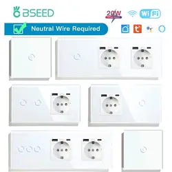 BSEED WIFI Touch Switch Smart Wall Switch 1/2/3Gang 1/2/3Way Smart Life APP Glass Type-c EU Socket Phone Fast Charge USB 20W