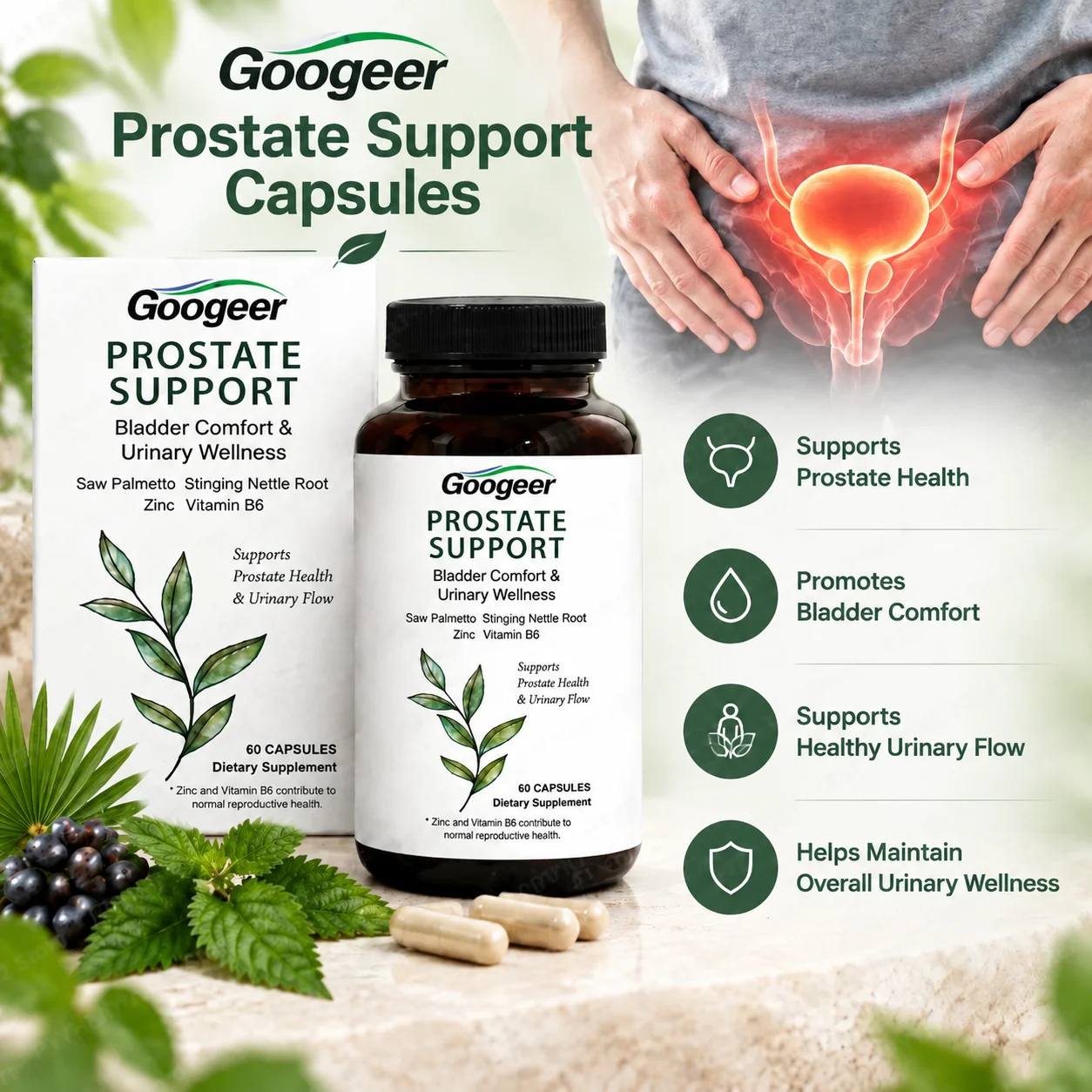 Prostate Support Capsules,Bladder Comfort & Urinary Wellness, Saw Palmetto Stinging Nettle Root Zinc Vitamin B6, 60 Capsules