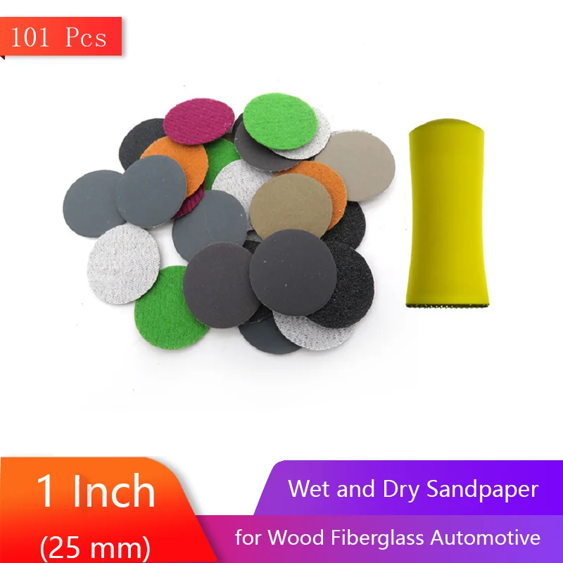 1 Inch 100 Pcs Hook and Loop Sandpaper Wet Dry Sanding Disc Assorted 60-10000 Grits With 1 Pcs Hand Sanding Block