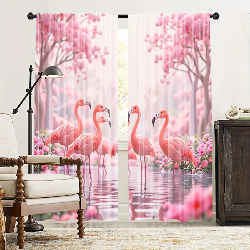 2pcs Pink Flamingo Tree Curtains Peach Skin Polyester Modern Living Room Bedroom Home Decor