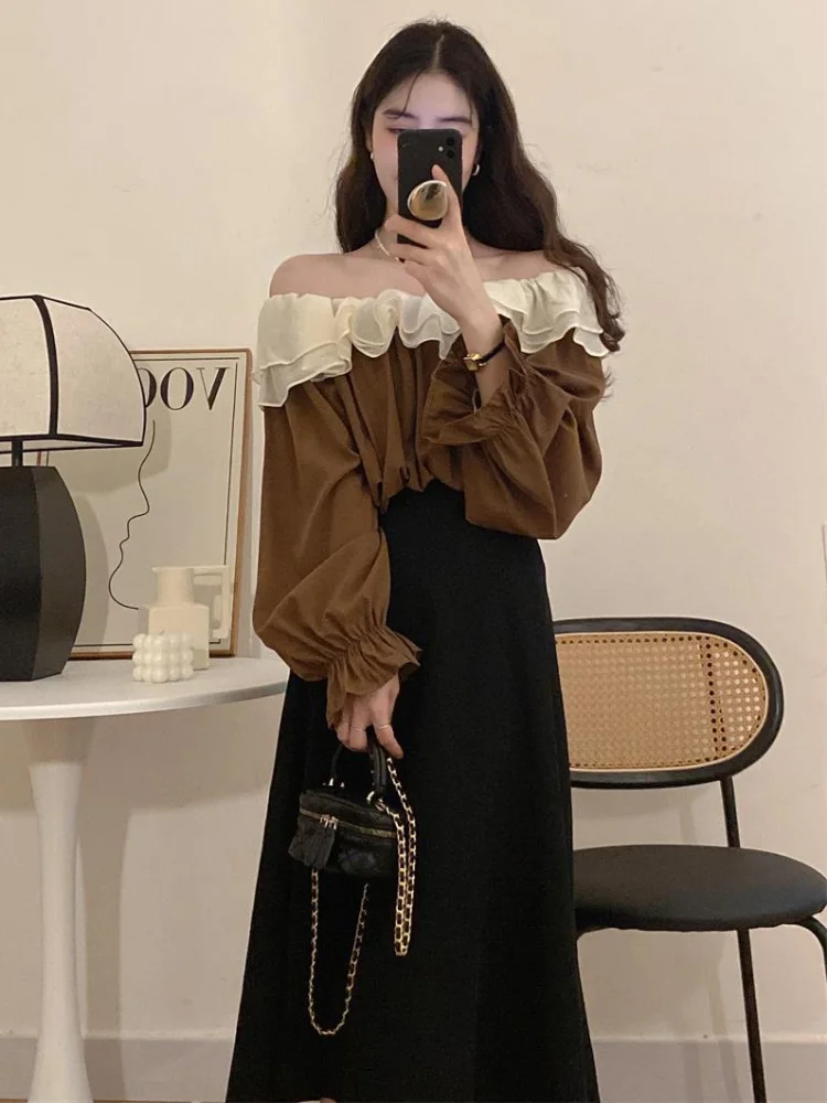 블라우스 여성 패치워크 봄 특별 섹시한 슬래시 넥 루즈핏 여성용 부드럽고 심플한 올매치 한국 스타일 우아한 데일리 캐주얼 신상품