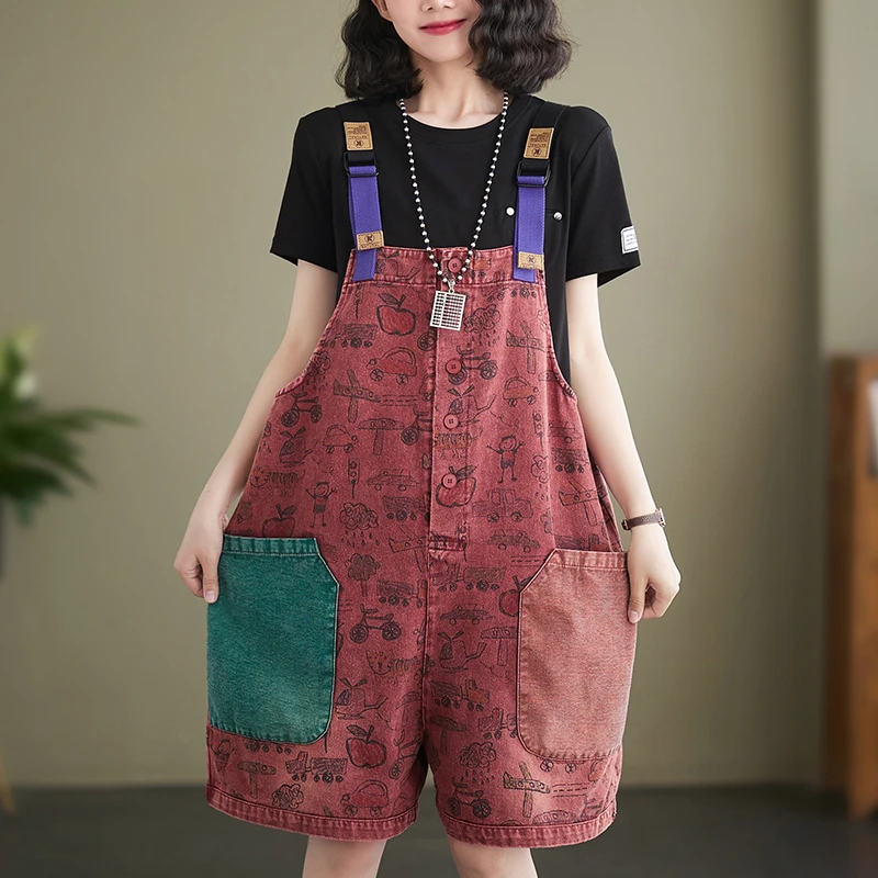 ファイオナブルプリントデニムオーバーオール レディース 夏 プラスサイズ トレンド 年齢を感じさせない 五分丈ワイドレッグパンツ