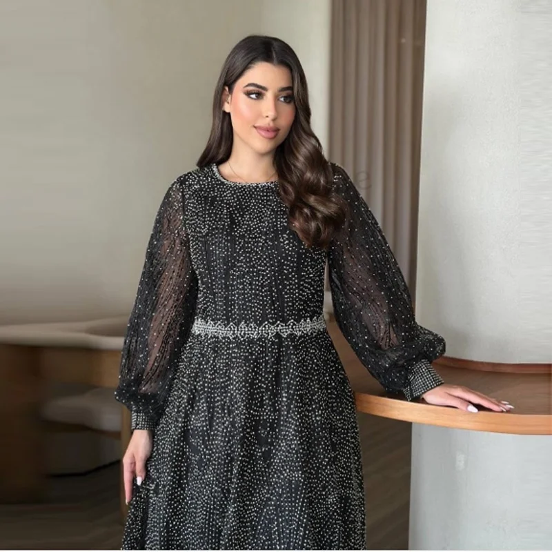 Customized Elegant Muslim Evening Dress Luxury A-Line Long Sleeves Beads Formal Prom Wedding Party Gown for Women