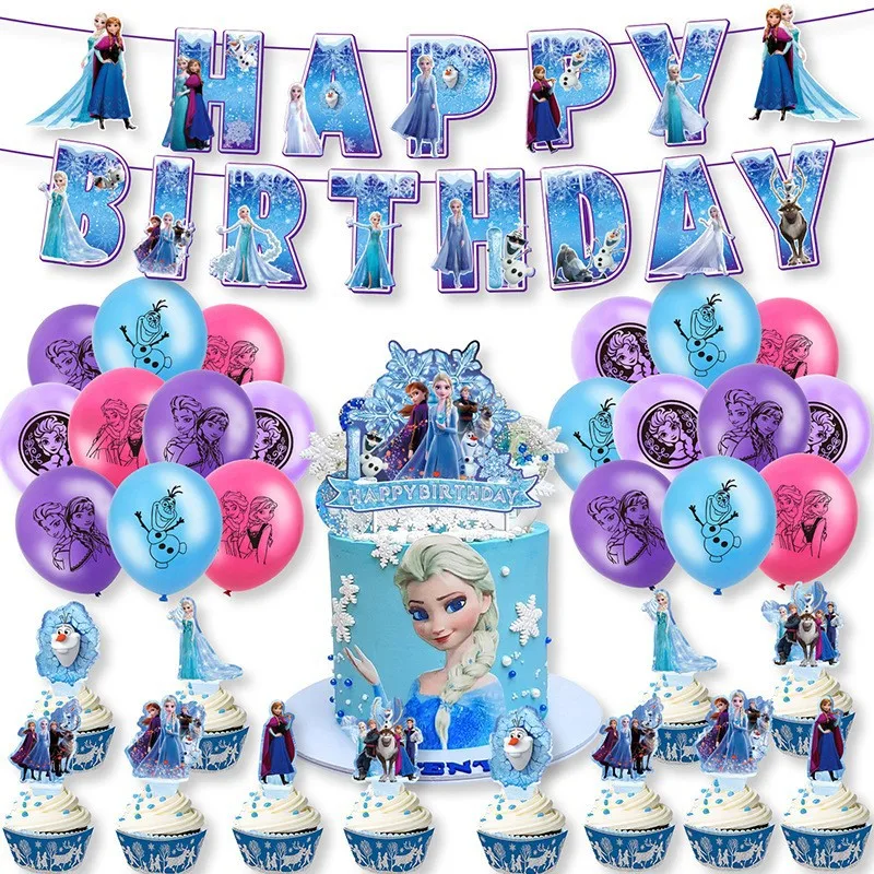 Frozen Cartoon Anime Theme Disposable Party Supplies Children's Birthday Banners Cake Toppers Balloons Party Decoration Sets