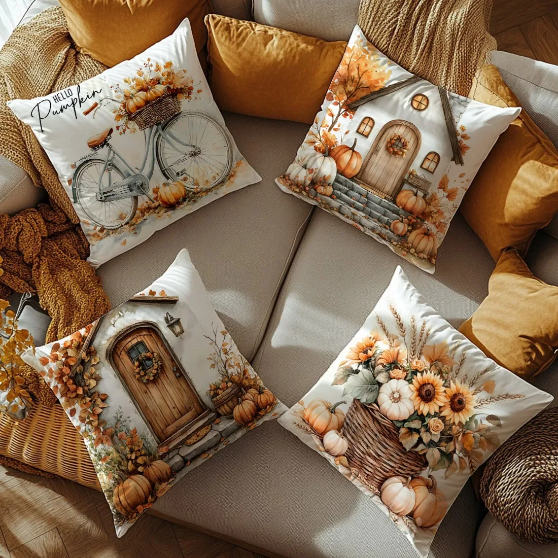 45cm Autumn Sofa Pillow Cover – Colorful Floral & Bicycle Design, Perfect for Thanksgiving Home Decoration