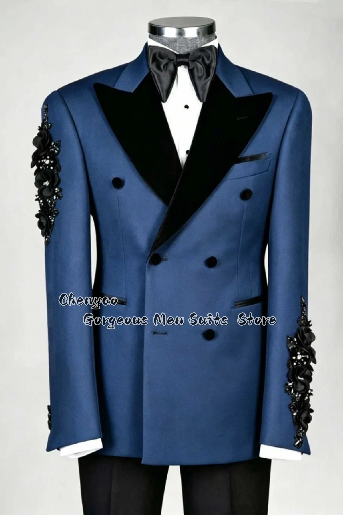 Classic Double‑Breasted 3D Floral Beaded Men Suits Customized Groom Tuxedo 2Pieces Peak Lapel Double‑Breasted Blazer Wedding