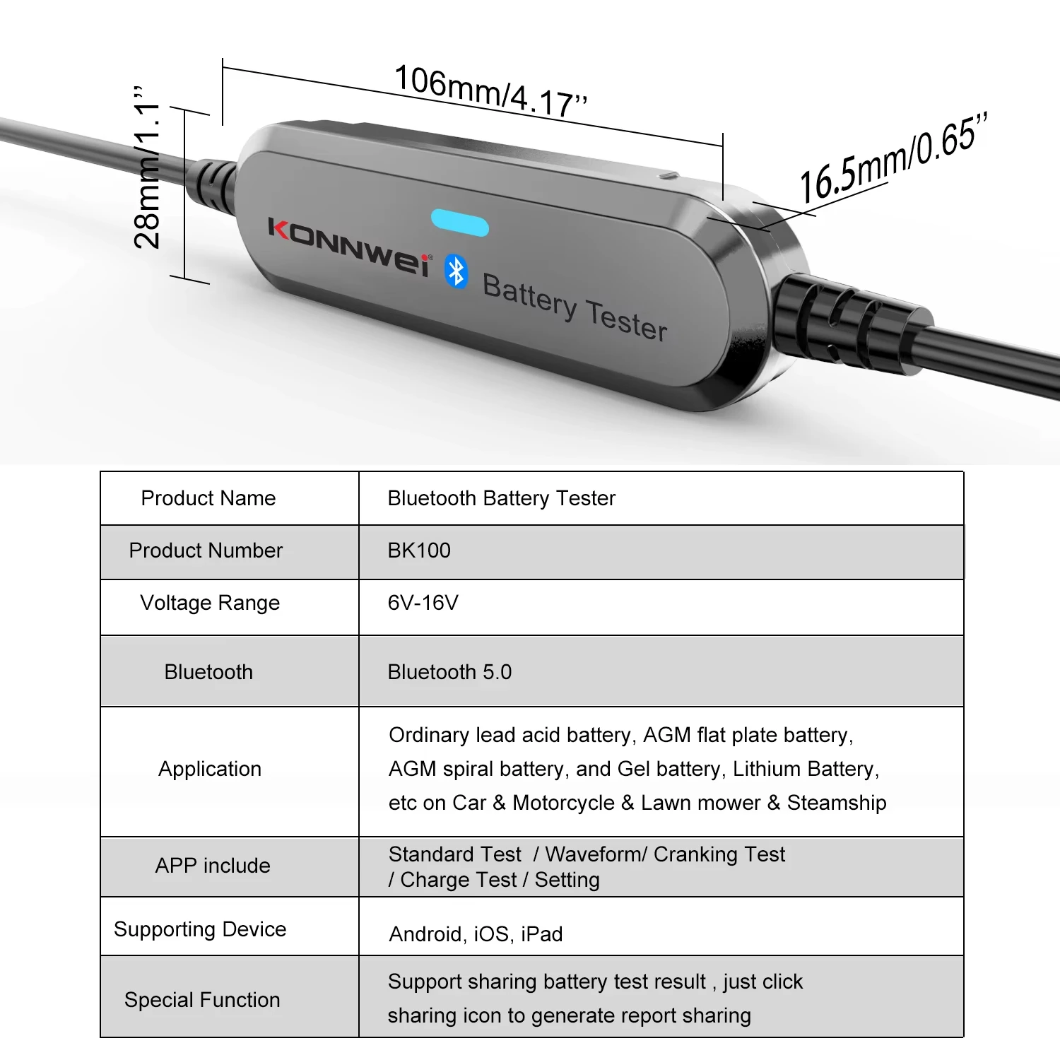 KONNWEI BK100 Bluetooth 5.0 Car Motorcycle Battery Tester 6V 12V Battery Monitor 100 to 2000 CCA Charging Cranking Test Tools