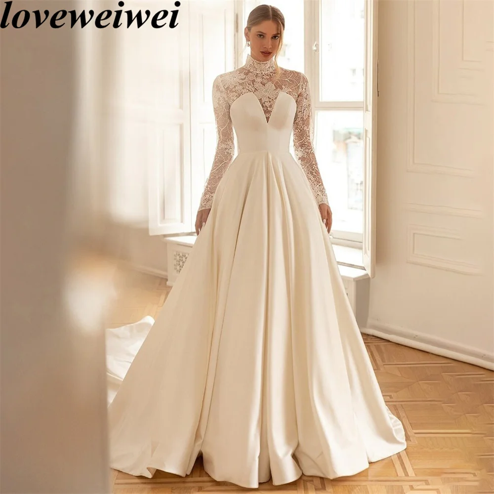 

Popular A Line Wedding Dresses V Neck Vestido De Noiva Satin Train Lace Appliqued Long Sleeve Women Bridal Dress Factory Custom