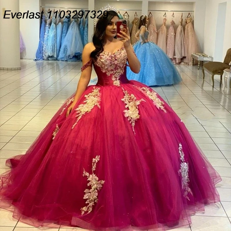 

EVLAST Luxury Burgundy Quinceanera Dress Ball Gown Gold Lace Applique Beaded Tulle Corset Sweet 16 Vestidos De XV 15 Anos TQD672