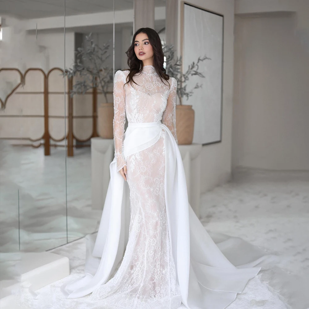 

Unique Wedding Dresses High Neck Long Sleeve Mermaid Bride Dress Detachable Train Garden Bridal Gown Customized robe de mariée