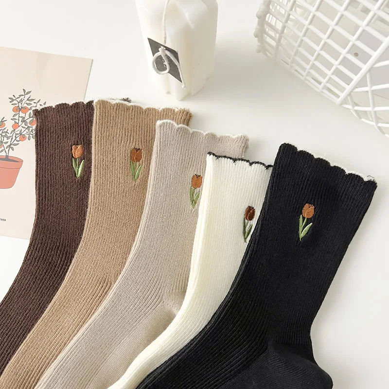 Spring and Autumn Tulip Embroidery Women's Mid-tube Socks Solid Color Socks Maillard Color Casual High Appearance Level Socks