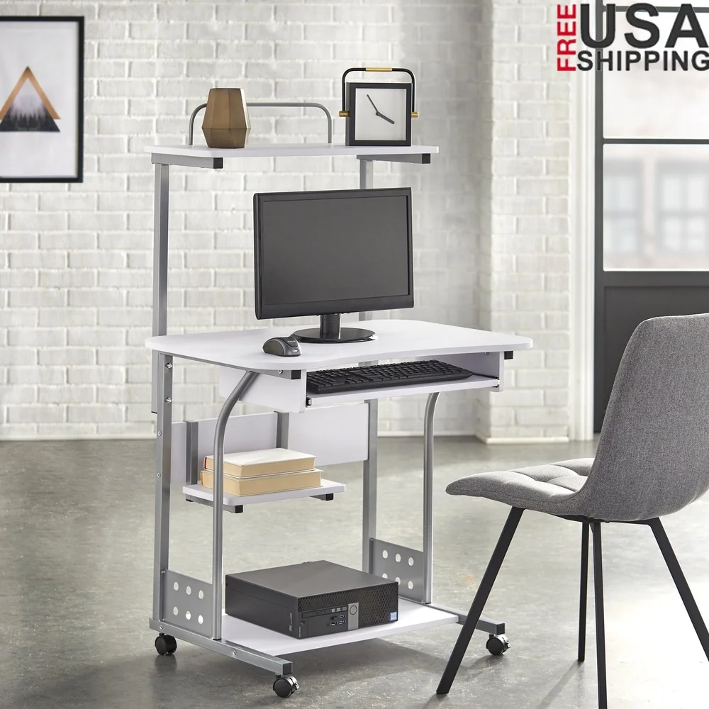 

Мобильный компьютерный стол-башня с полками для хранения, выдвижной поднос для клавиатуры, офисный стол на колесиках, стальной каркас с порошковым покрытием