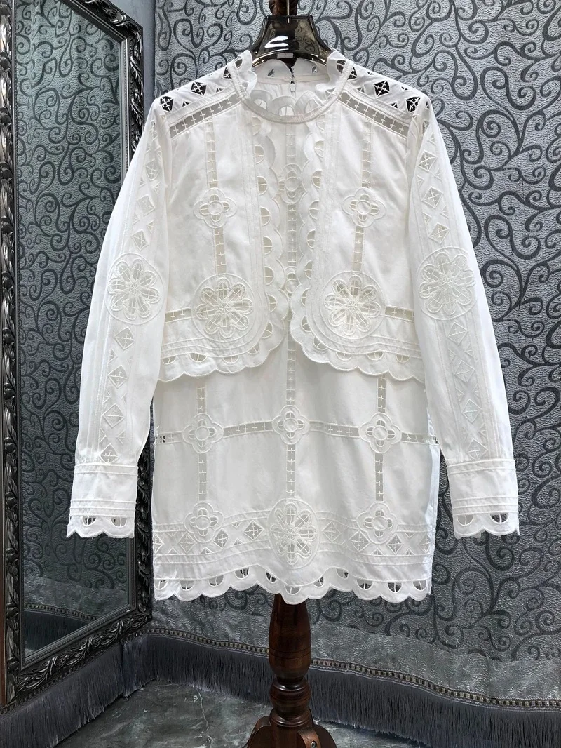 

100%Cotton Dress 2024 Autumn Fashion Women Allover Crochet Embroidery Long Sleeve White Party Club Dress Sexy Above Knee