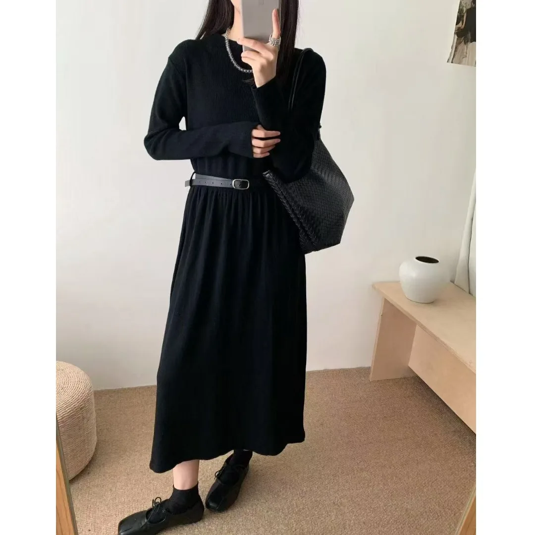 Feminino de malha midi dr outono inverno coreano sle a linha camada base saia emagrecimento com casaco longo plissado dr