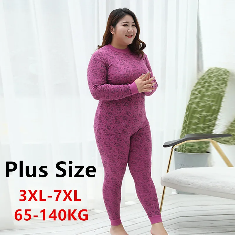 7XL Plus Size Women Thermal Underwear Sets Warm Autumn Winter High Elasticity Printing Underwear Sets Sexy Ladies Clothes Sets