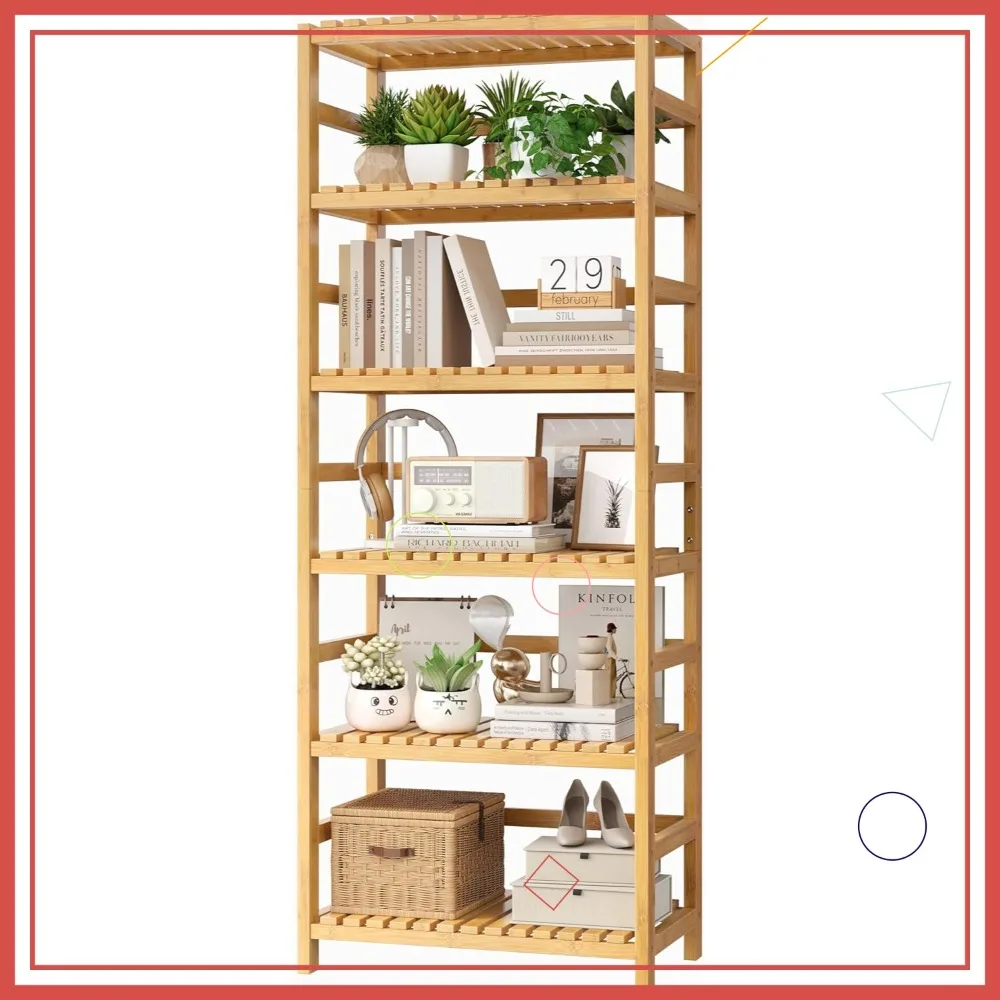 

Adjustable Bamboo Shelf, 6-Tier Bookcase for Kitchen, Bathroom, Home Office Storage and Plant Stand