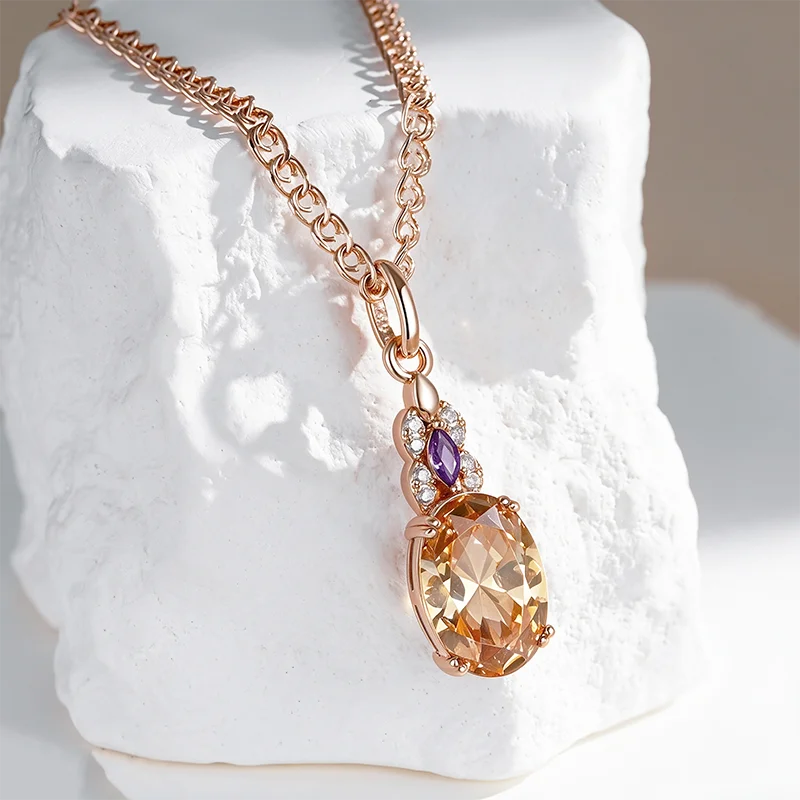 Wbmqda Glänzender 33*10mm Champagnerstein-Anhänger und Halskette für Damen, 585 Roségoldfarben, Modischer Urlaubsschmuck und Accessoires