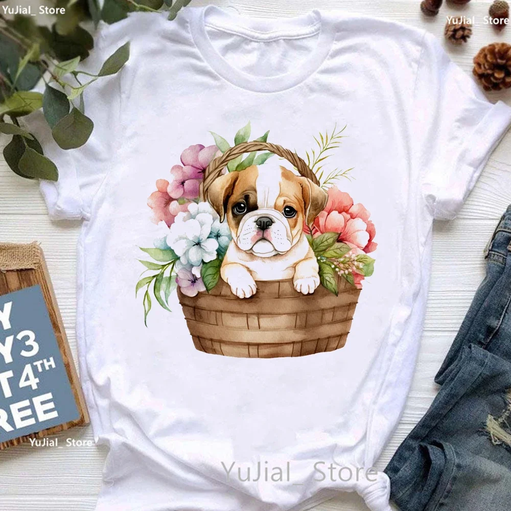 

2024 Kawaii Pug Loves Flowers Print T Shirt For Girls Cute Greyhound/Bernese Mountain/Pug/Poodle Puppy T-Shirt Women Dog Tshirt