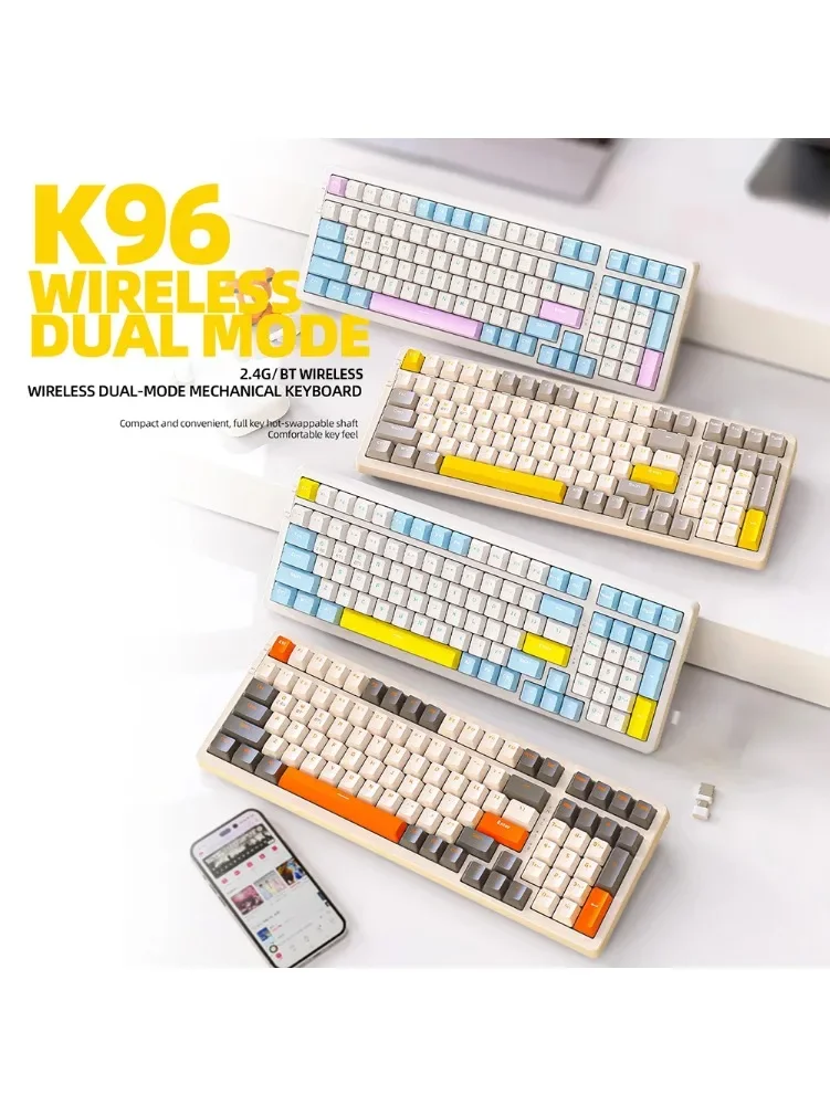 K96 Mechanical Keyboard USB Type-C Bluetooth-compatible Gaming Keyboard Wireless 2.4G Hotswap 100 Keys for PC Red Axis