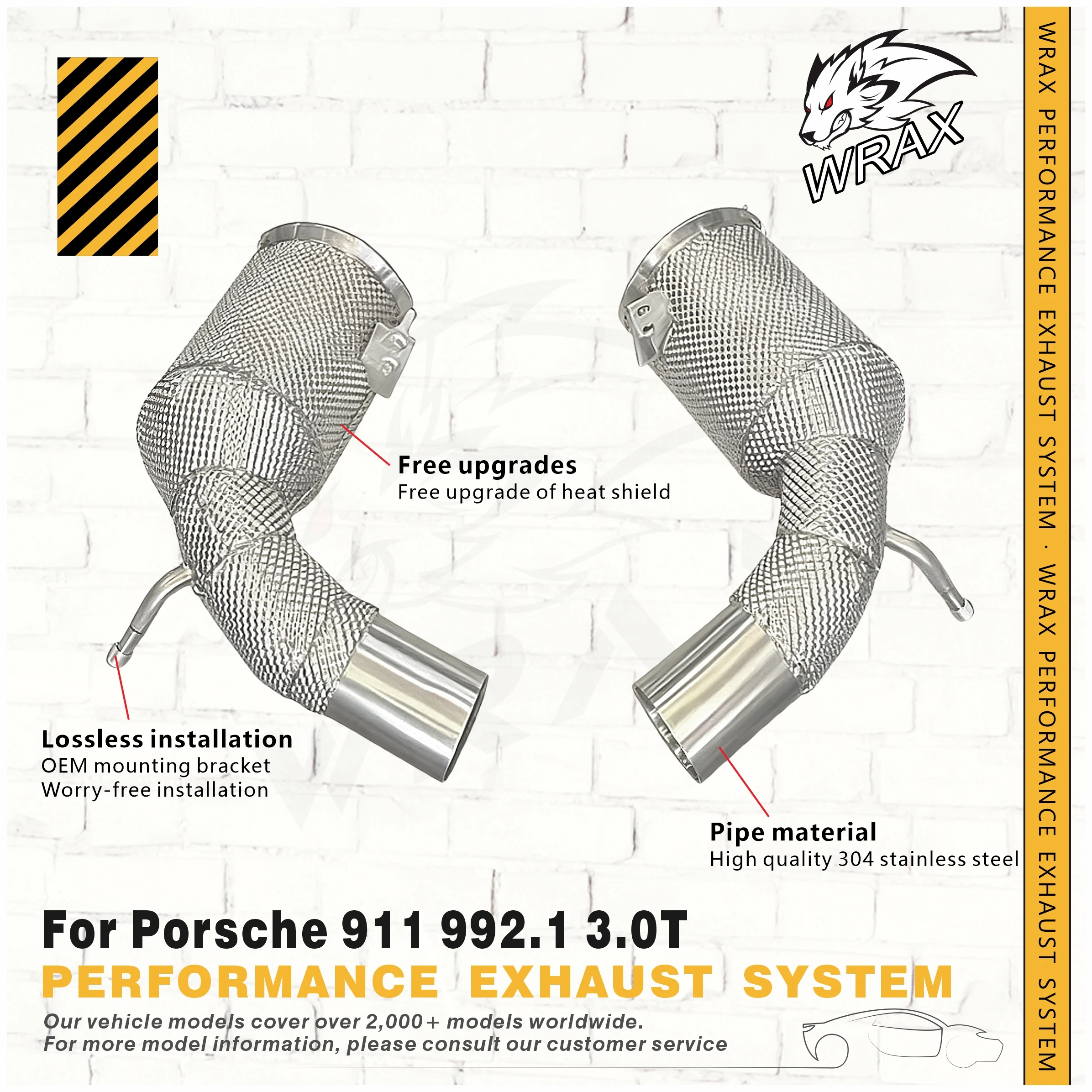 

WRAX Exhaust for Porsche 911 992.1 3.0T SS304 High Flow Catless/Catalyzed Downpipe with Heat Shield Plug-and-Play No-Drilling