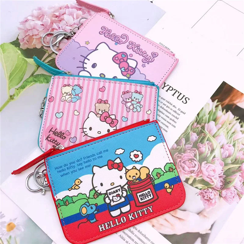 Kawaii Sanrio Hello Kitty Students Pu Campus Card Holder Coin Purse Cute Keychain Anime Card Case Pendant Woman Wallet Girl Gift