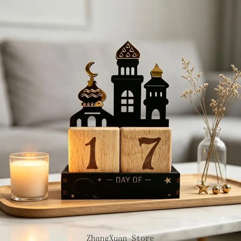 Ramadans Tabletop Countdown Calendar Sign with Wooden Interchangeable Block 3XUF