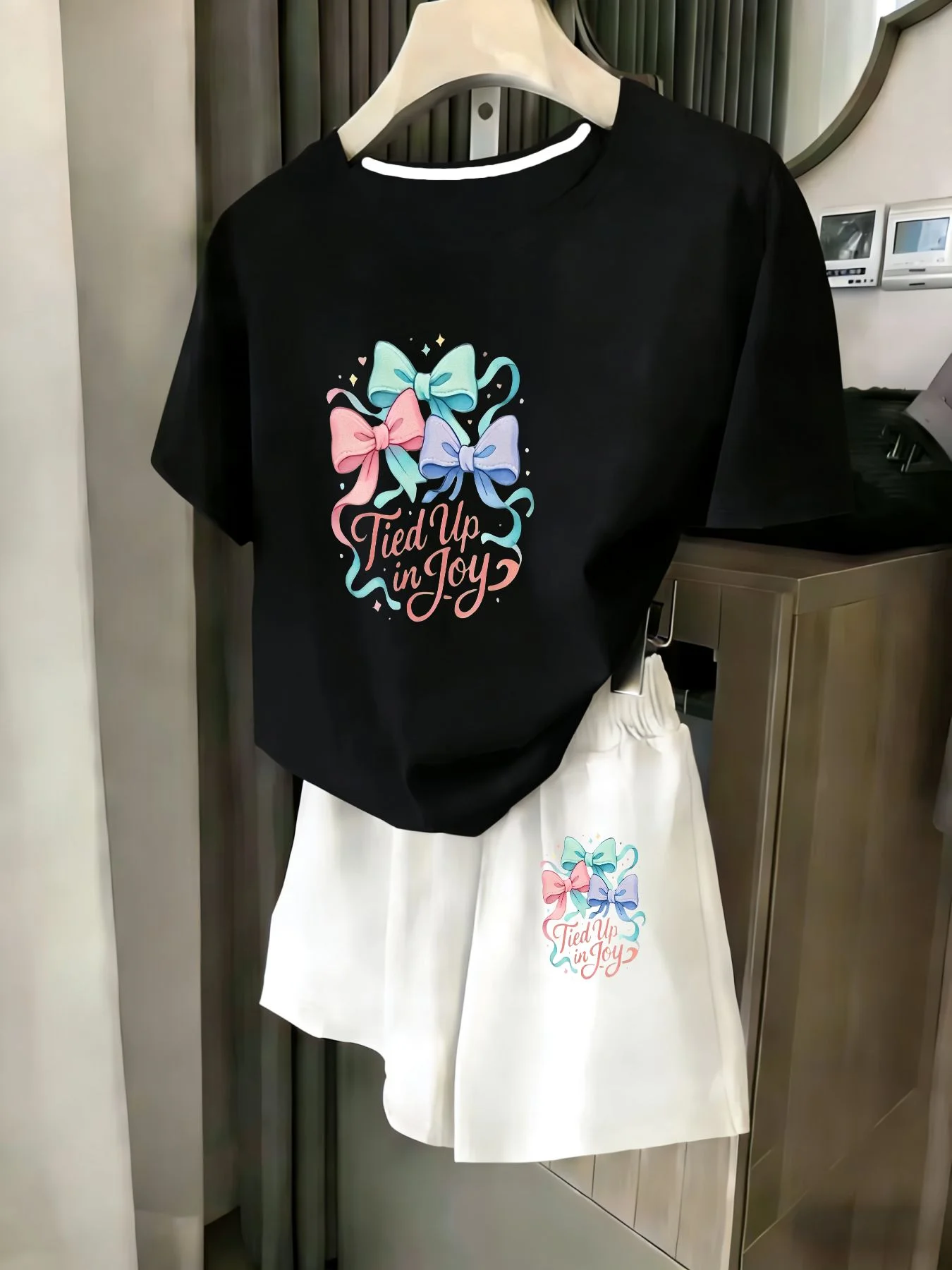 

Ladies 2-Piece Set Summer Beach Vacation Casual round Neck Short Sleeve Random Print T-Shirt Elastic Waist Shorts Suit Comfortab