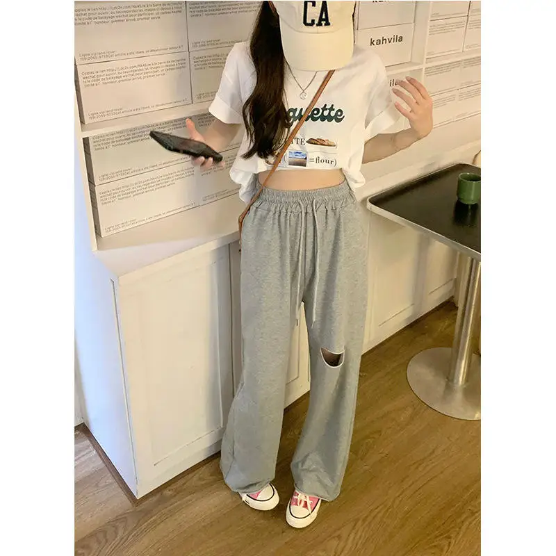 

Grey Casual Drawstring Elastic Waist Wide Leg Pants High Waist Straight Tube Trousers Trendy Hole Design Floor Length