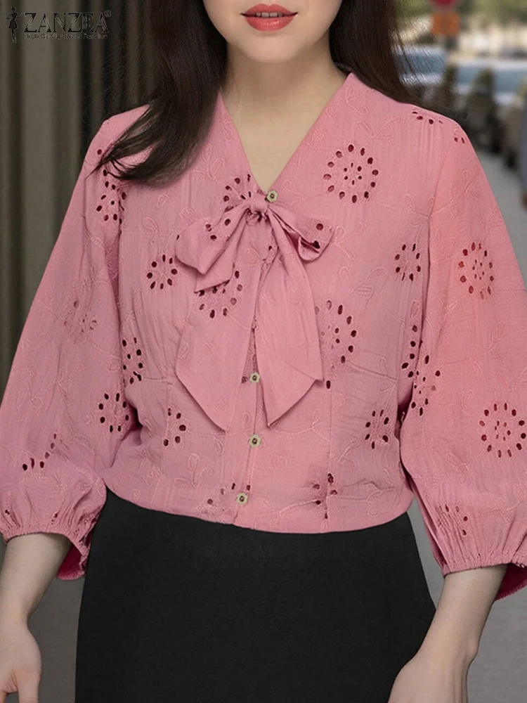 

ZANZEA 2025 Fashion Elegant Office Shirts Women Autumn 3/4 Sleeve Bow Lace Blouse V-Neck Casual Loose Cotton Tops Vintage Blusas