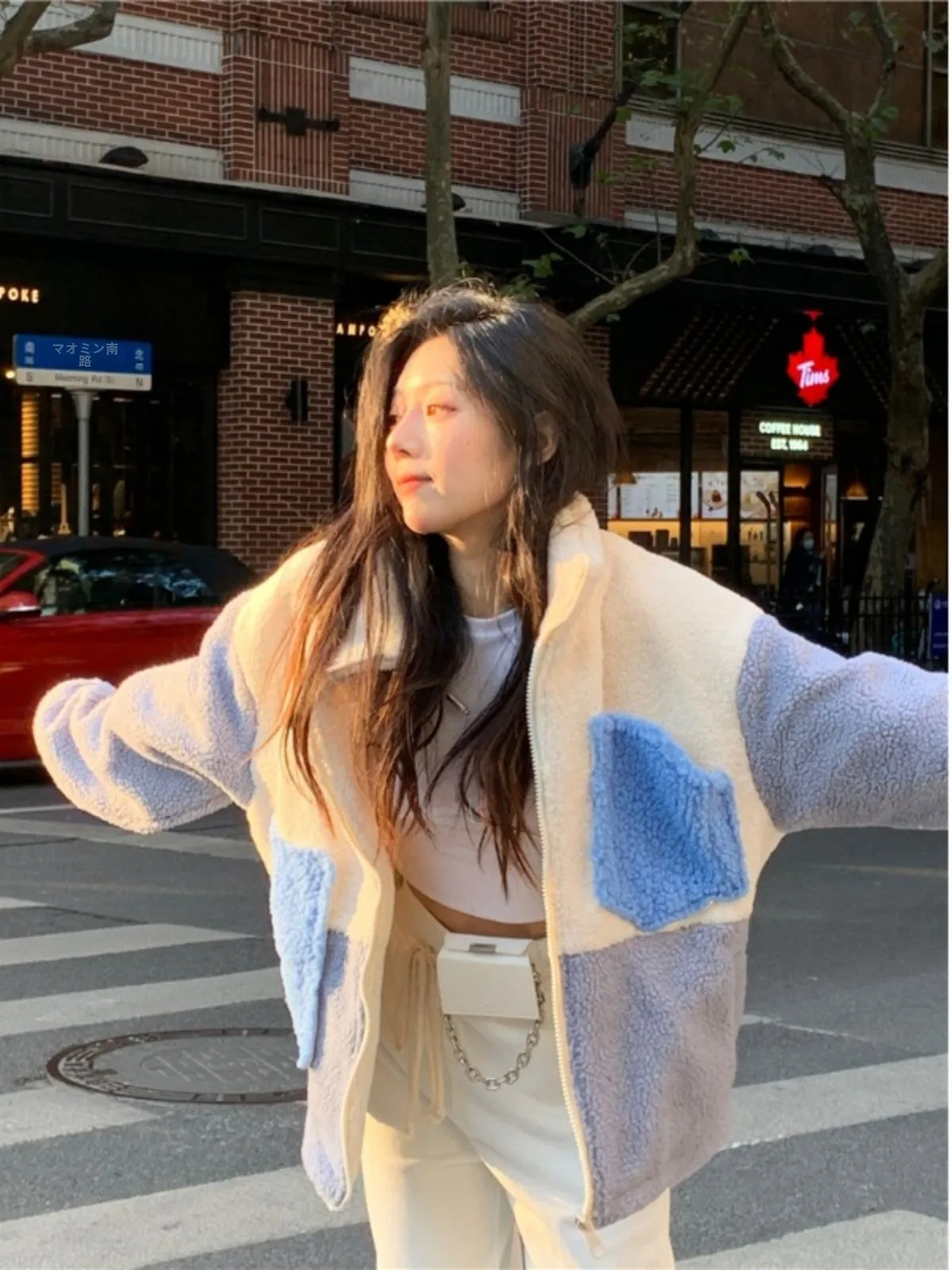 Contrast Color Patchwork Imitation Lamb Wool Jacket Women Autumn 2024 New Couple Loose Zip-up Cotton Added Top Fashion