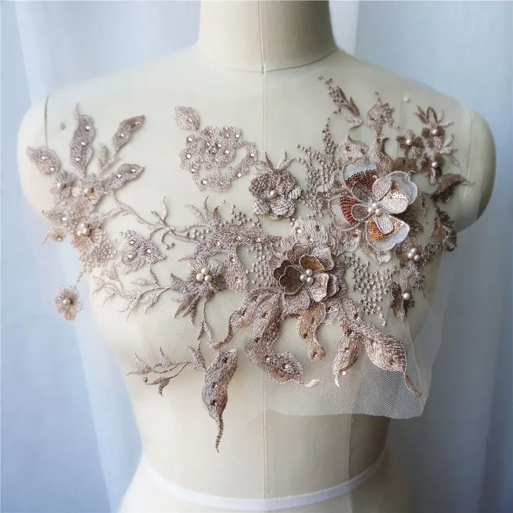 Black Blue Gold 3D Flower Lace Fabric Beads Rhinestone Embroidered Gown Appliques Collar Sew Patch For Wedding Decor Dress DIY