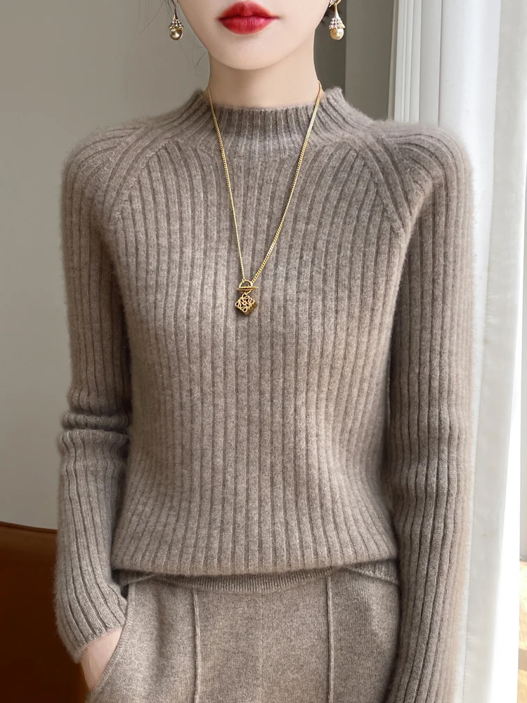 

Autumn Winter Mock Neck Stripe Solid Color Warm Pullover 100% Merino Wool Women Knitwear Sweater Long Sleeved Clothing Tops