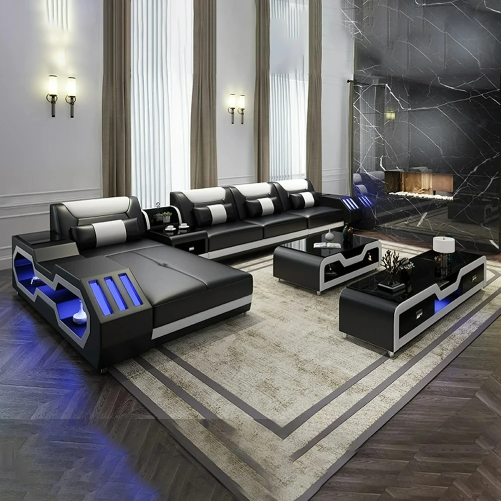 Customizable Modern LED Lighted Sofa Set with Recliner, Adjustable Headrest & Console