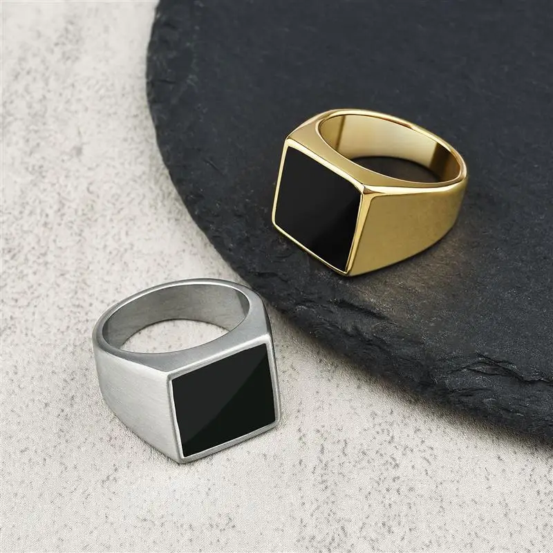 New Black Glossy Flat Men's Ring Stainless Steel Geometric Ring Square Finger Punk Style Fashion Ring Male Jewelry Wholesale