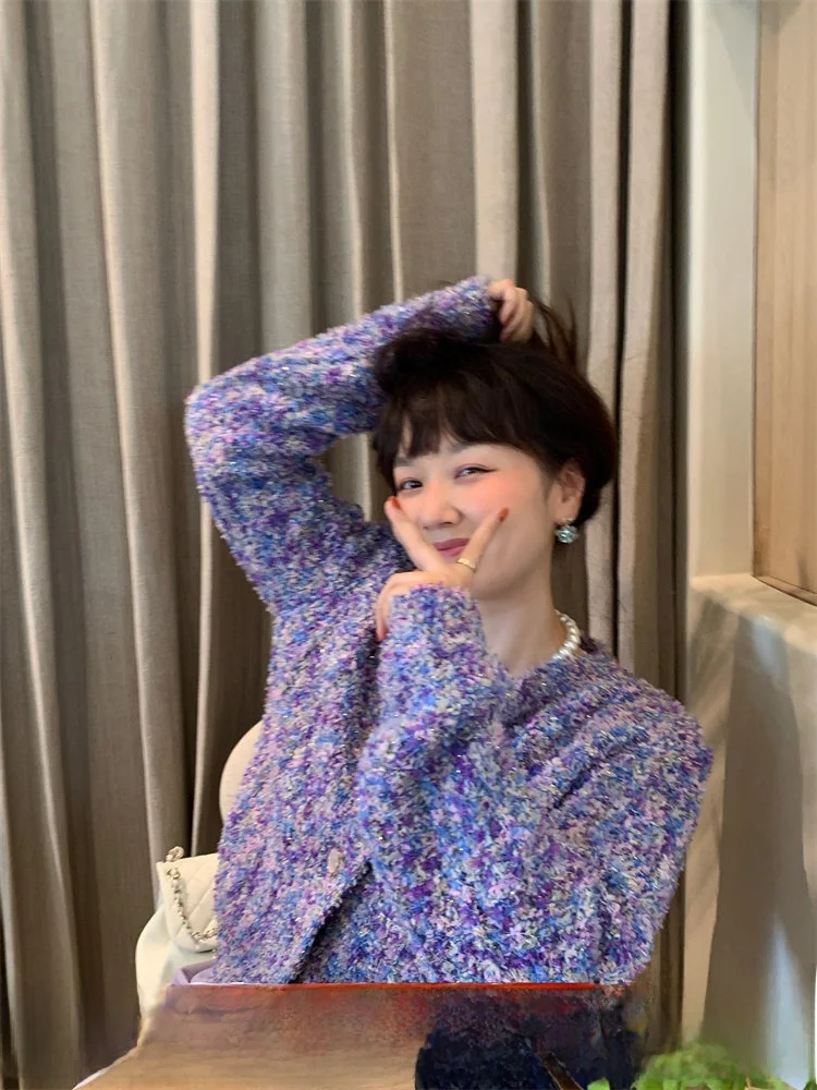 

Dopne Purple Knitted Open Cardigan Women's Autumn Sweater Outerwear Fraance Sle Lazy Faion ort Thi Long Sve