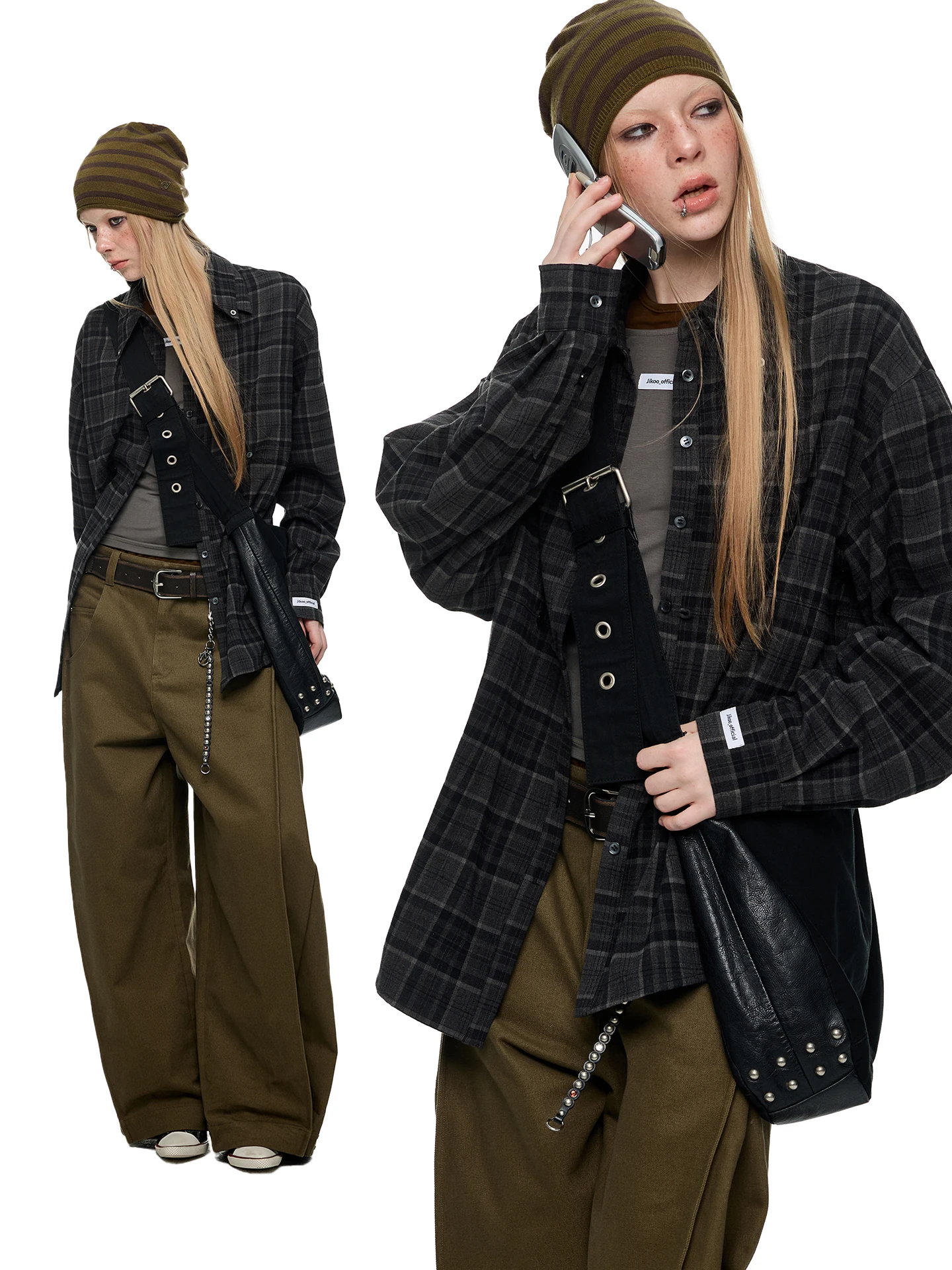 

JIKOO Original Design Adjustable Long Sve irt Plaid Pattern Stand Collar Slimming Early Spring Women's Faion Top