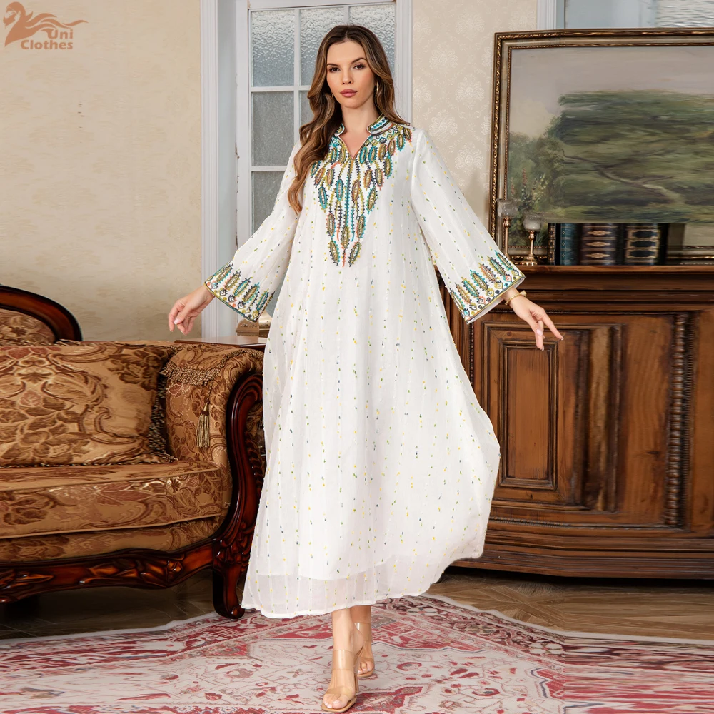 

Uni Luxury Woman Evening Dress Dubai Embroidered Abayas Fashion V-Neck Caftan Marocain Femme