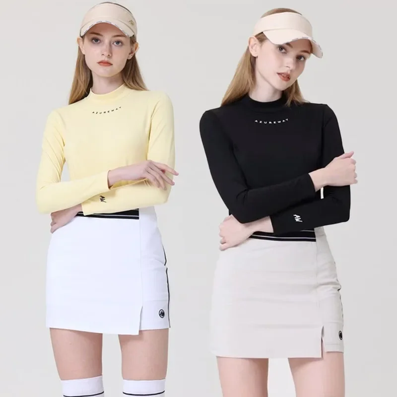 Azureway Lady Round Neck Golf Shirt Autumn Long Sleeve Sports Tops Women Pencil Golf Panskirts Winter Split Wrap Skirt Set