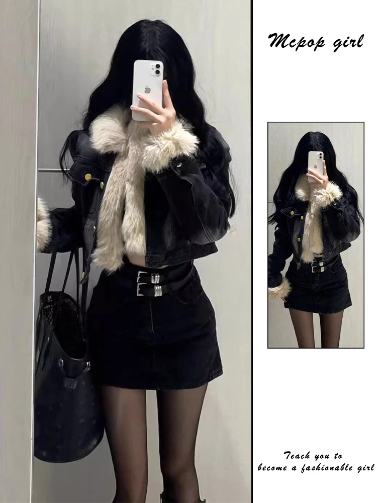High Waist Short Thickened Cotton Fluffy Jacket Women's Winter Fashionable Vintage Denim Jacket  Collar Long Sleeve Coat