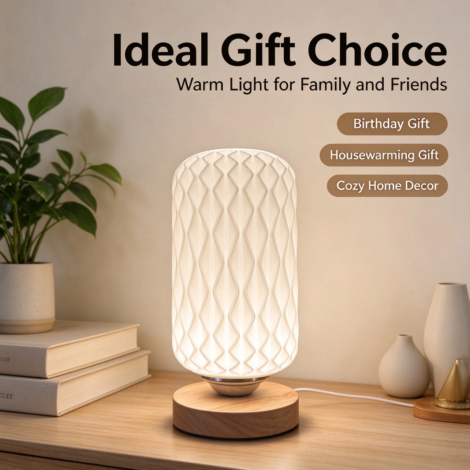 Nordic Minimalist 3D Textured LED Table Lamp Wood Base Bedside 3 Color Changing Ambient Night Light for Bedroom