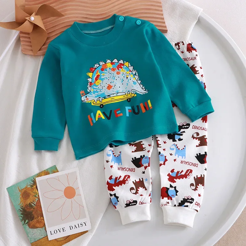 2024New Kids Boys Girls Pajama Sets Cartoon Print Long Sleeve Cute T-Shirt Tops with Pants Toddler Baby Autumn Sleeping Clothes