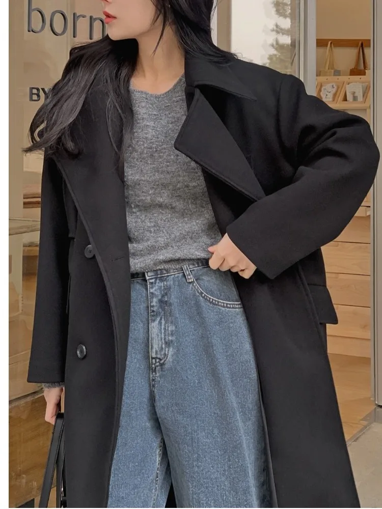 

Ele шерстяное пальто, двубортный костюм с воротником средней длины, корейская женская модная верхняя одежда, зимнее пальто Bla Thi
