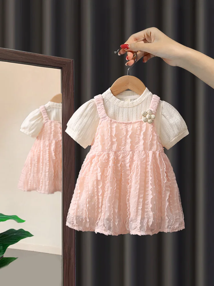 

Sweet Girls Summer Dress Suit Round Neck Pullover Knitwear And Sleeveless Zipper Stripe Pleated Strap Dresses Cute Kids Gowns