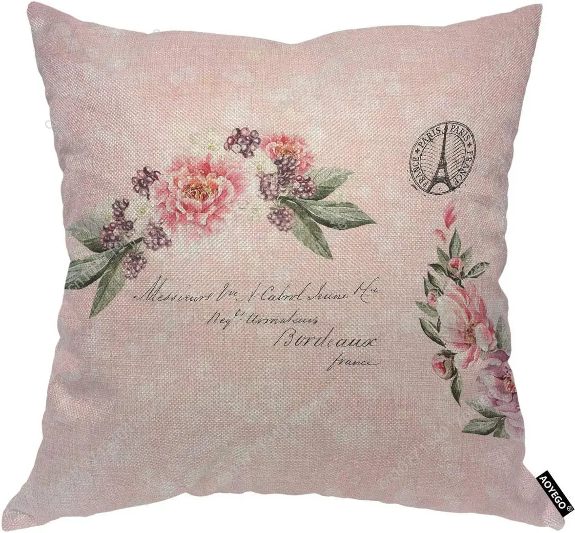 

AOYEGO Pink Floral Throw Pillow Cover Elegance Wreath Paris Eiffel Tower Plant Botanical Beautiful Leaves Pillow Case 18x18 Inch
