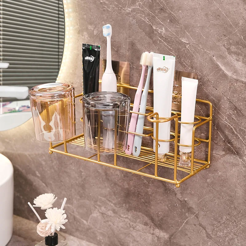 Luxury Gold Bathroom Storage Rack Iron Art Wall Mounted Toothbrush Holder Washroom Mouthwash Cup Organizer Bathroom Accessories