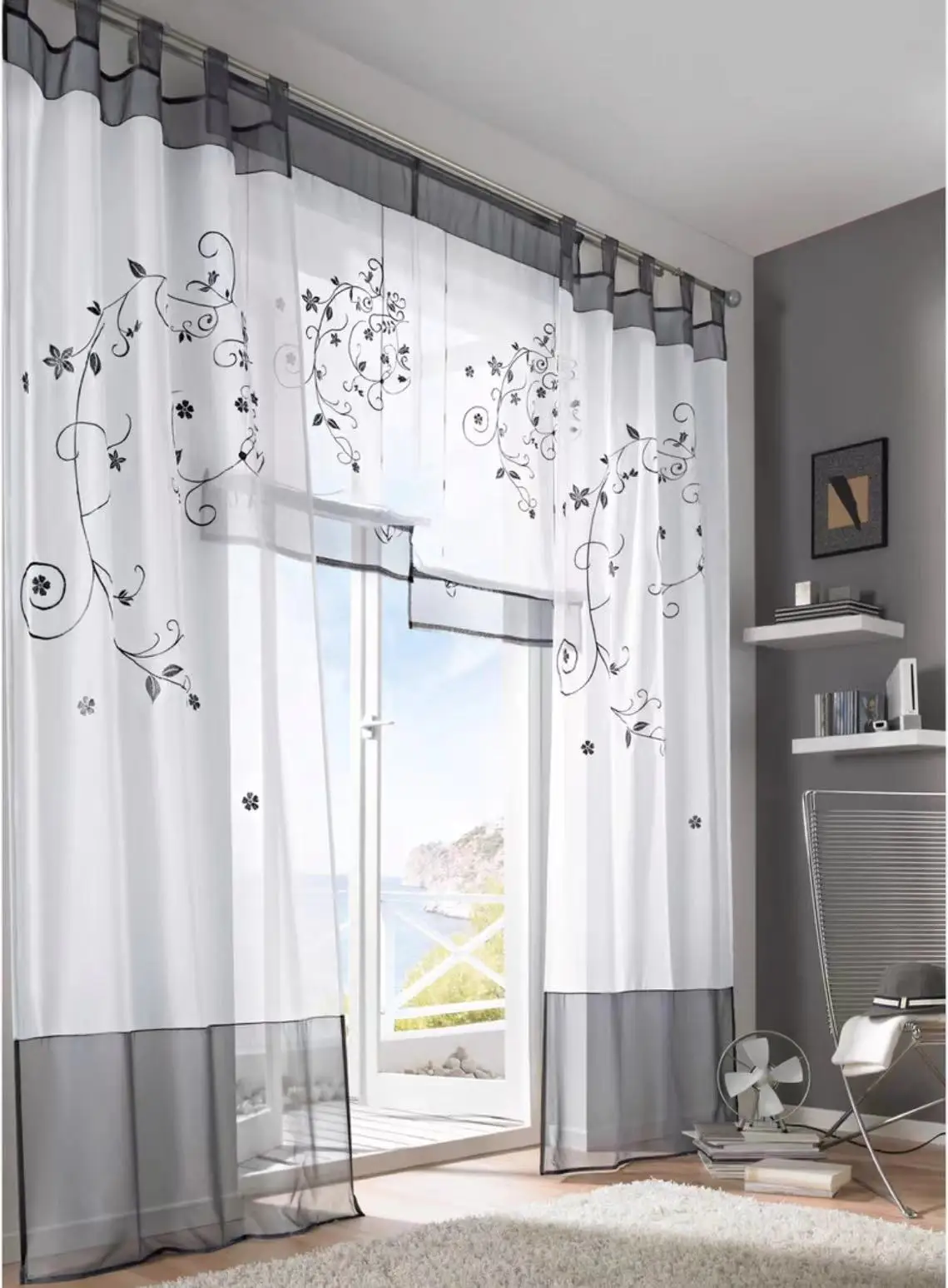Half Short Curtain Embroidered Adjustable Ribbon Pole Sheer Window Tulle Curtain Kitchen Living Room Voile Screening Drape Panel
