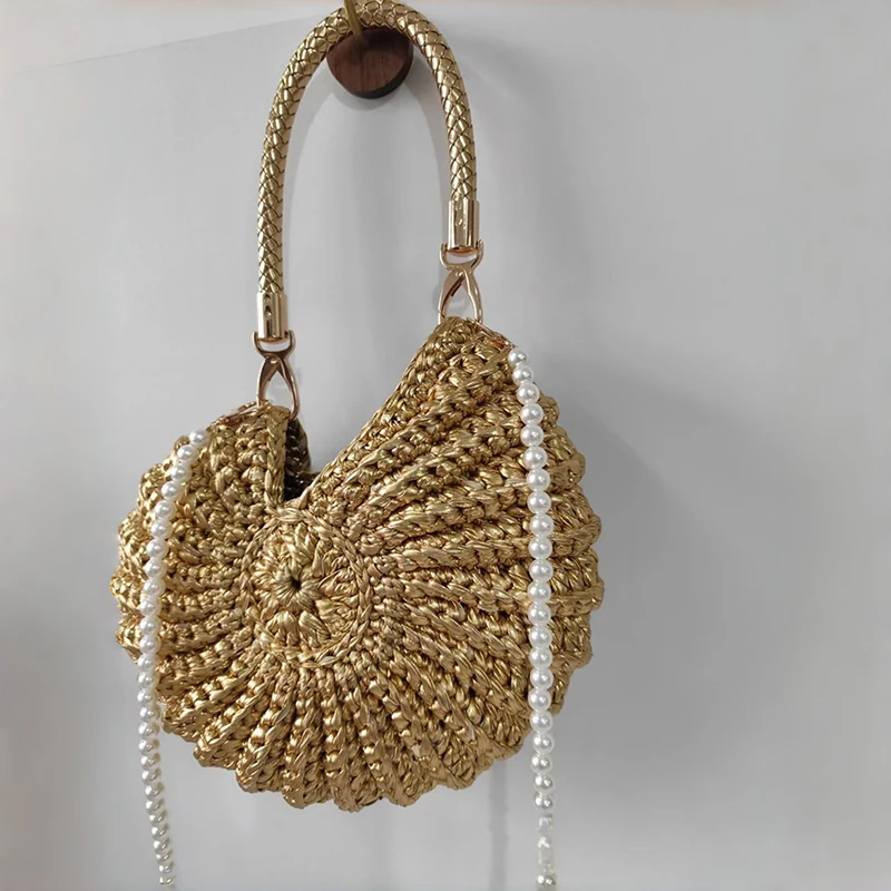 

Сумка-клатч ручной работы с металлическим отливом, минималистичный дизайн в виде ракушки, вечерняя сумка с жемчужной цепочкой, стильная сумка через плечо для отпуска